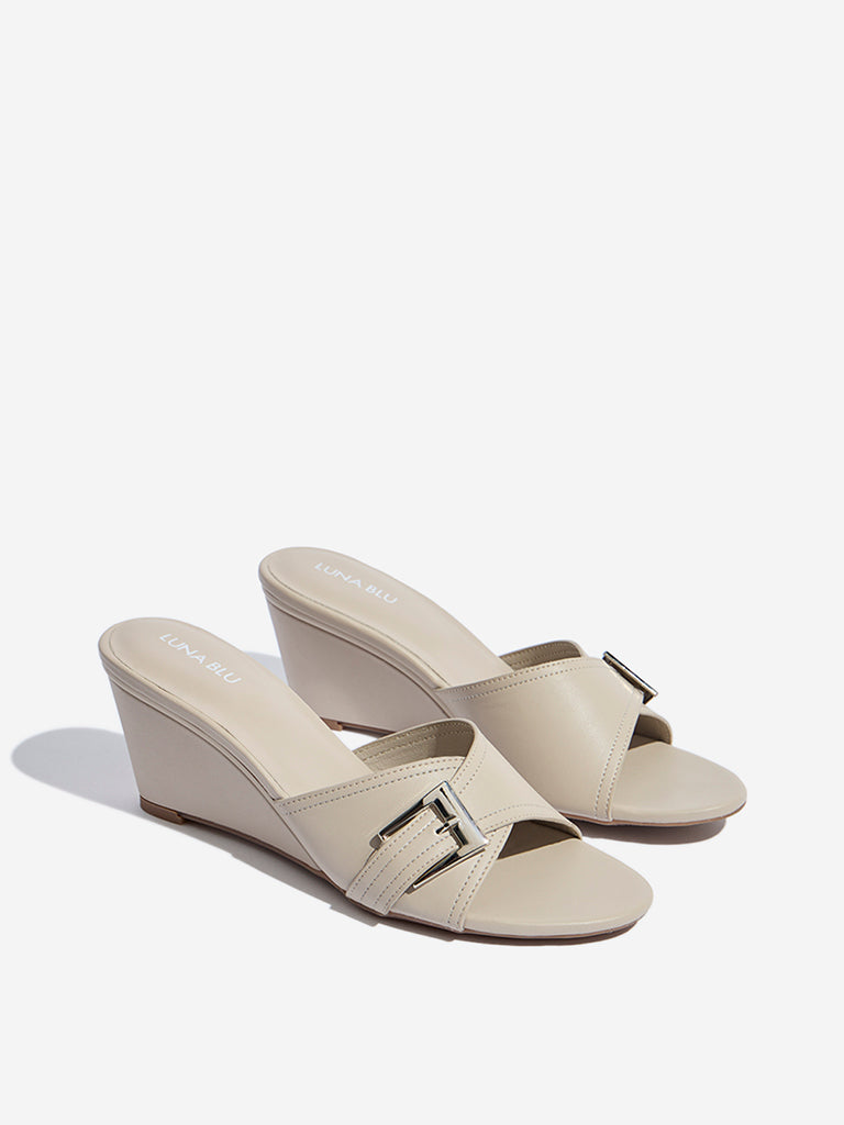 LUNA BLU Ivory Buckle-Detailed Wedge-Heel Sandals