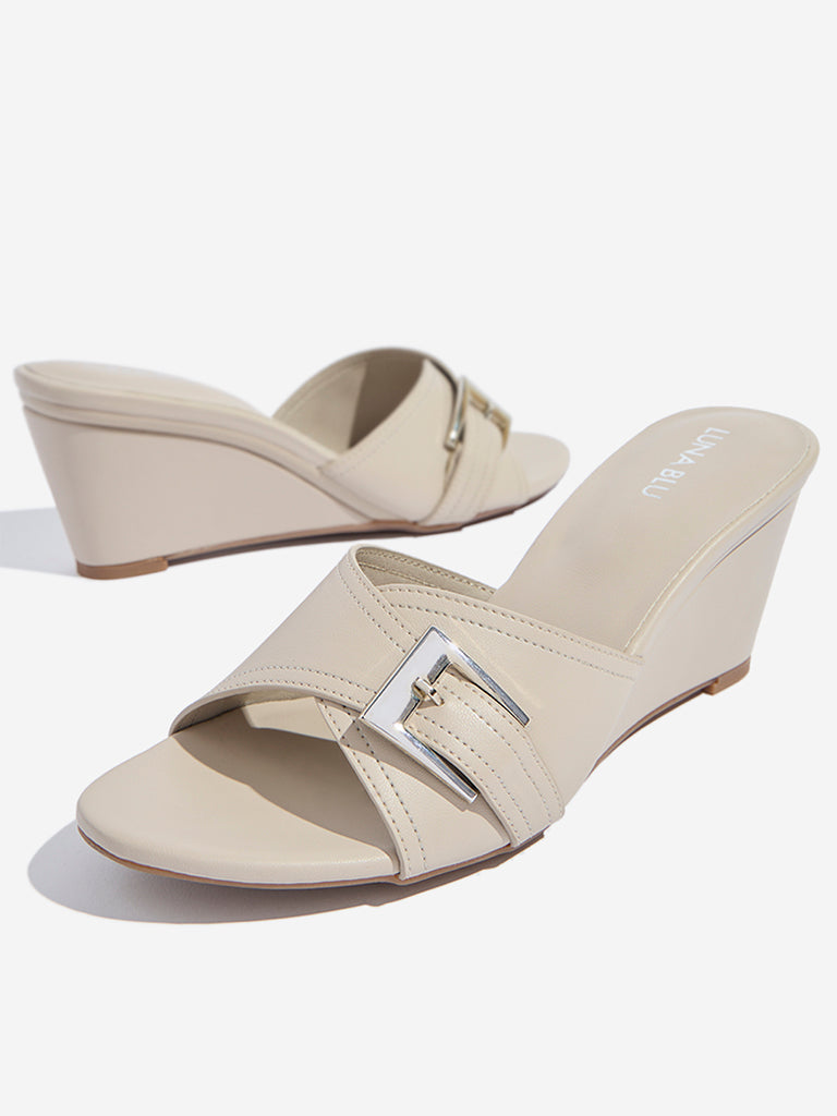 LUNA BLU Ivory Buckle-Detailed Wedge-Heel Sandals