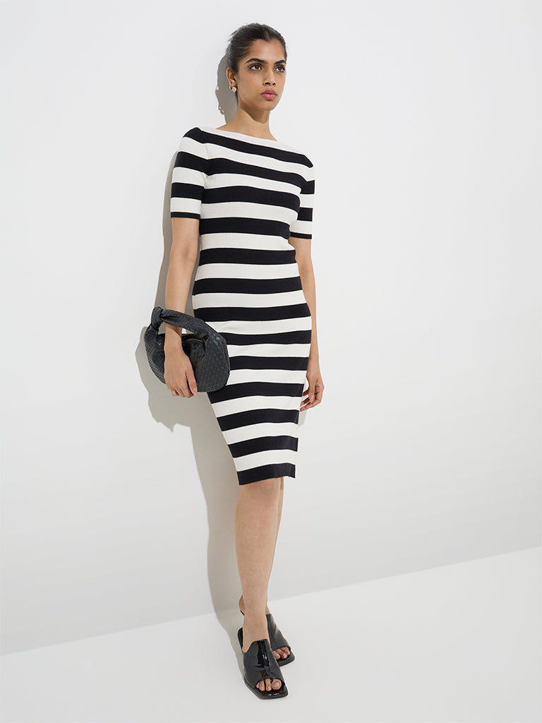 Wardrobe Ivory Stripe Printed Ribbed Bodycon Dress
