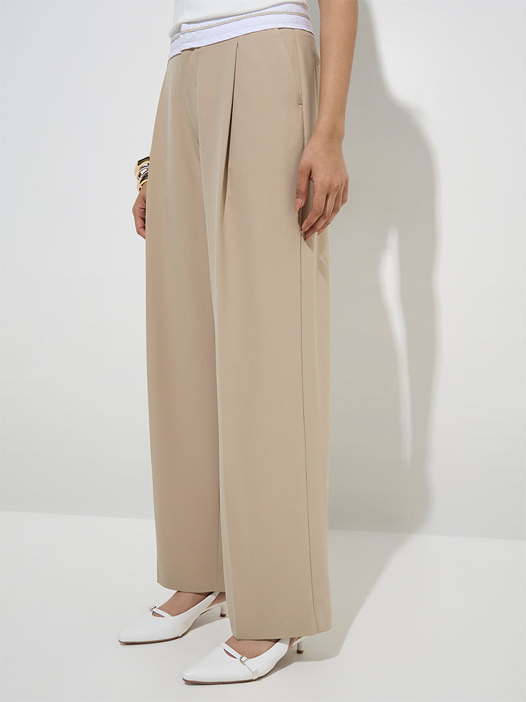 Wardrobe Beige Solid High-Rise Trousers