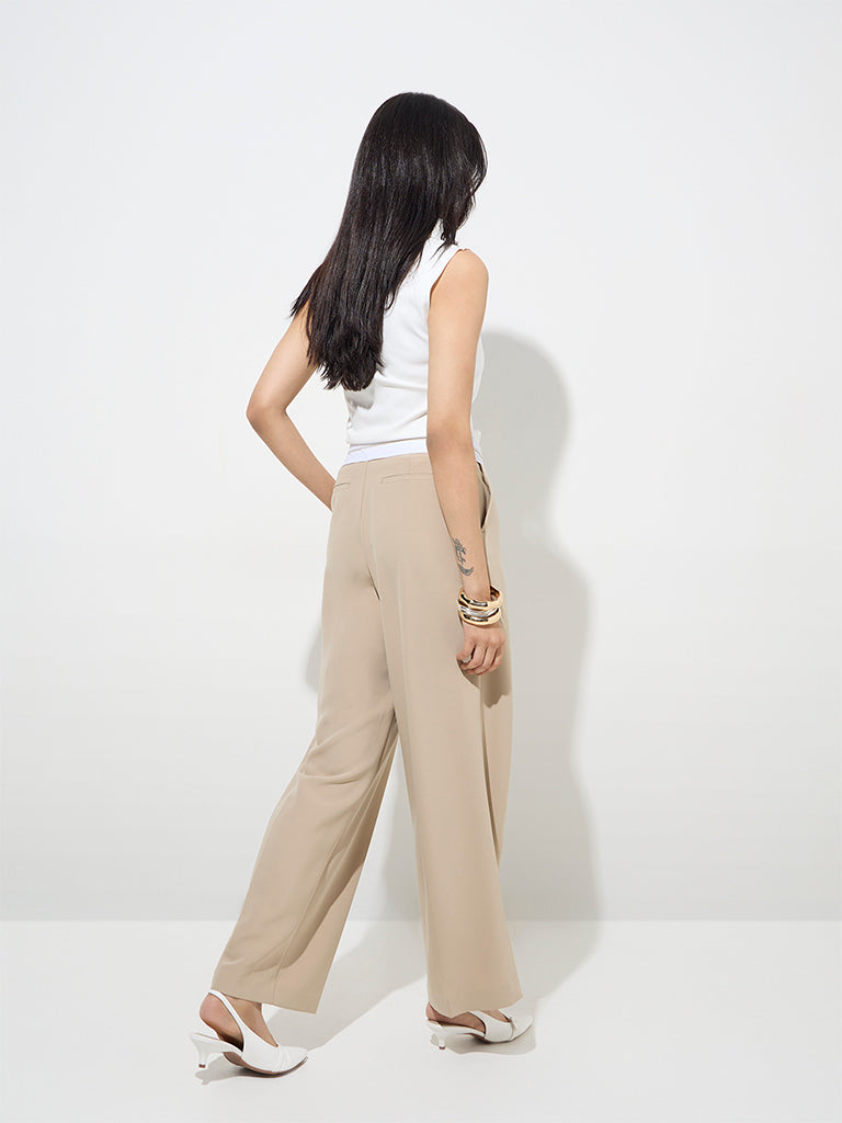 Wardrobe Beige Solid High-Rise Trousers