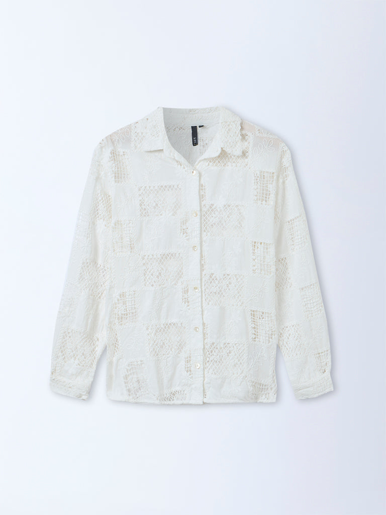 LOV White Floral Embroidered Cotton Shirt