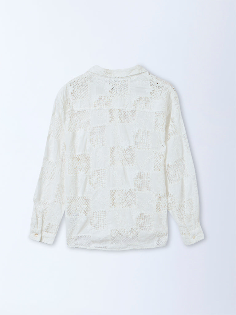 LOV White Floral Embroidered Cotton Shirt