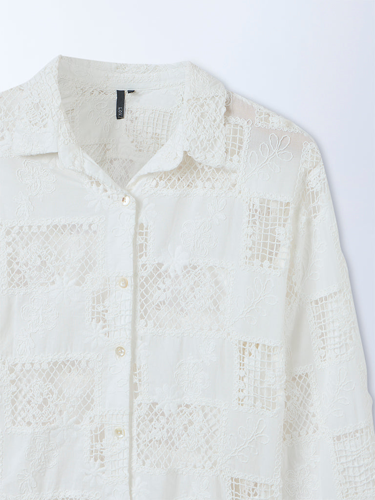 LOV White Floral Embroidered Cotton Shirt
