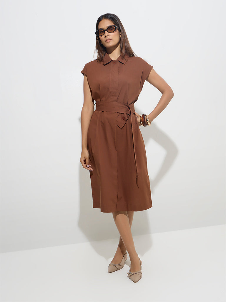 Wardrobe Tan Cotton A-Line Dress with Belt