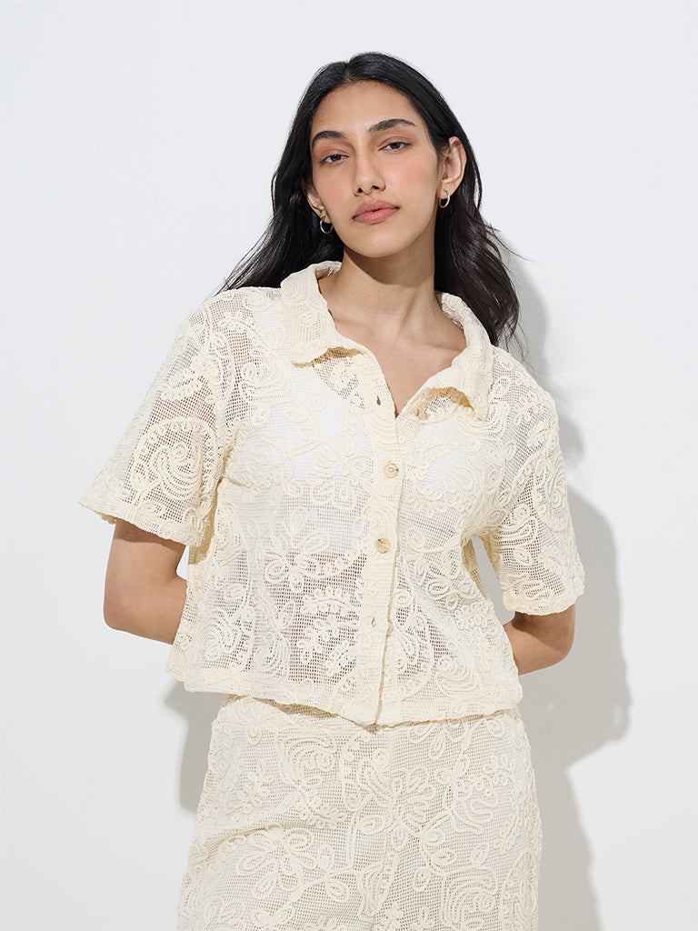 LOV Off-White Floral Lace Design Cotton Shirt