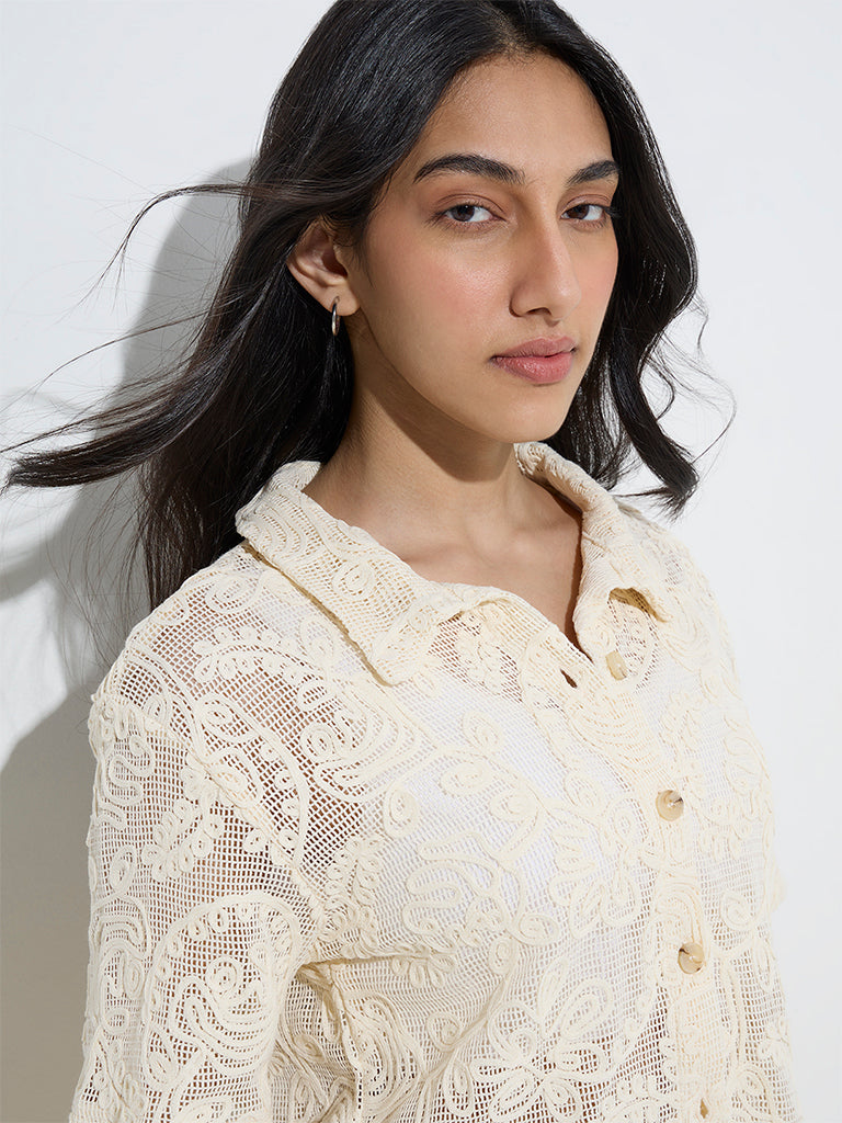 LOV Off-White Floral Lace Design Cotton Shirt