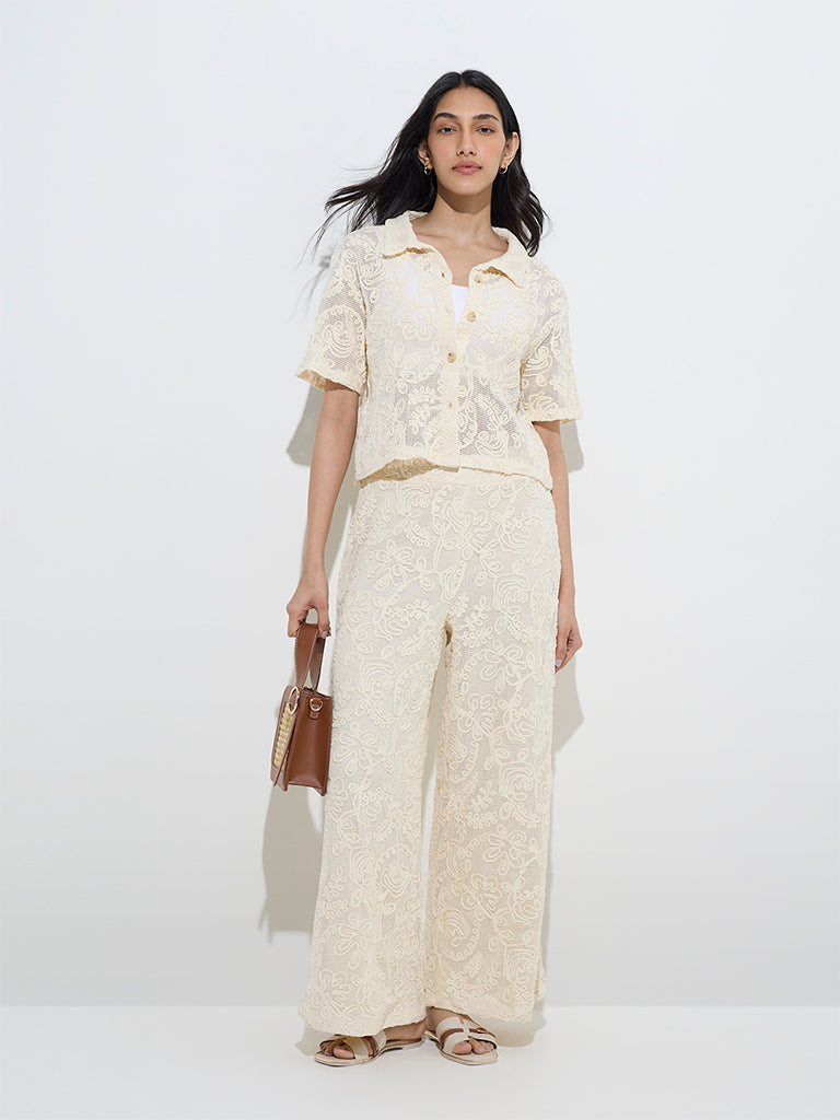 LOV Off-White Floral Lace Design Cotton Shirt