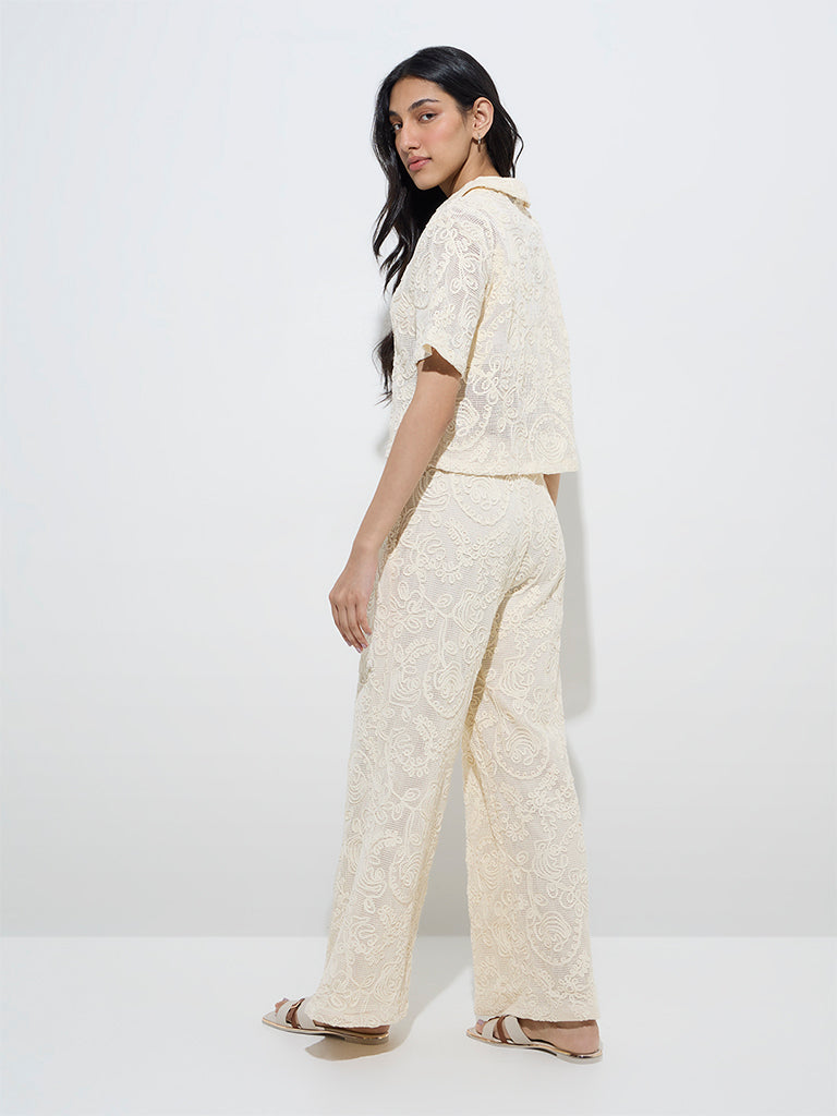 LOV Off-White Floral Lace Design Cotton Shirt