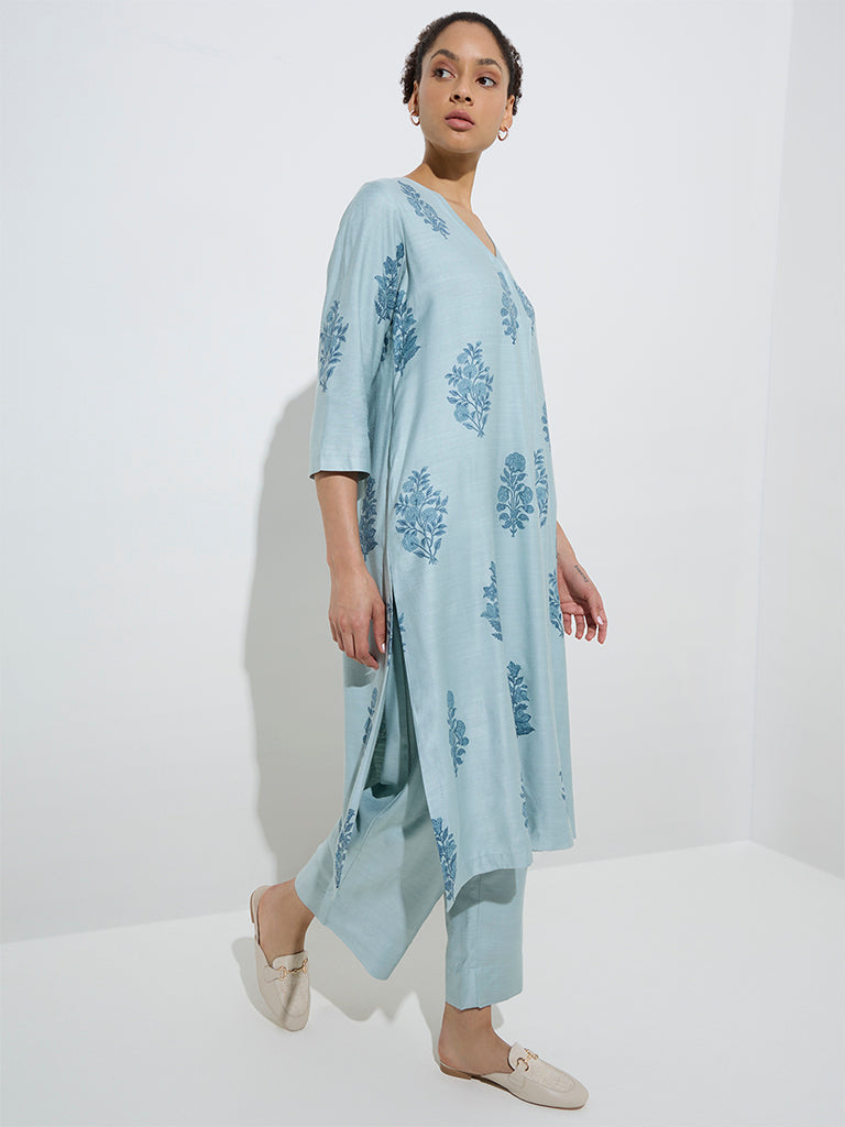 Zuba Dusty Blue Silk-Blend Ethnic Pants