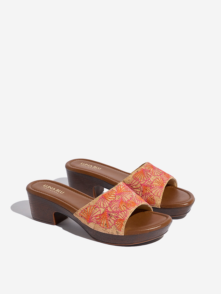 Luna Blu Tan Floral Embroidered Sandals