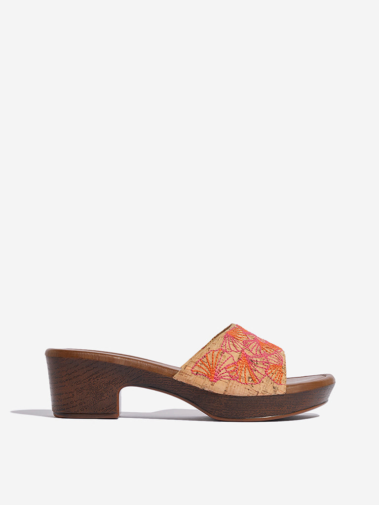Luna Blu Tan Floral Embroidered Sandals