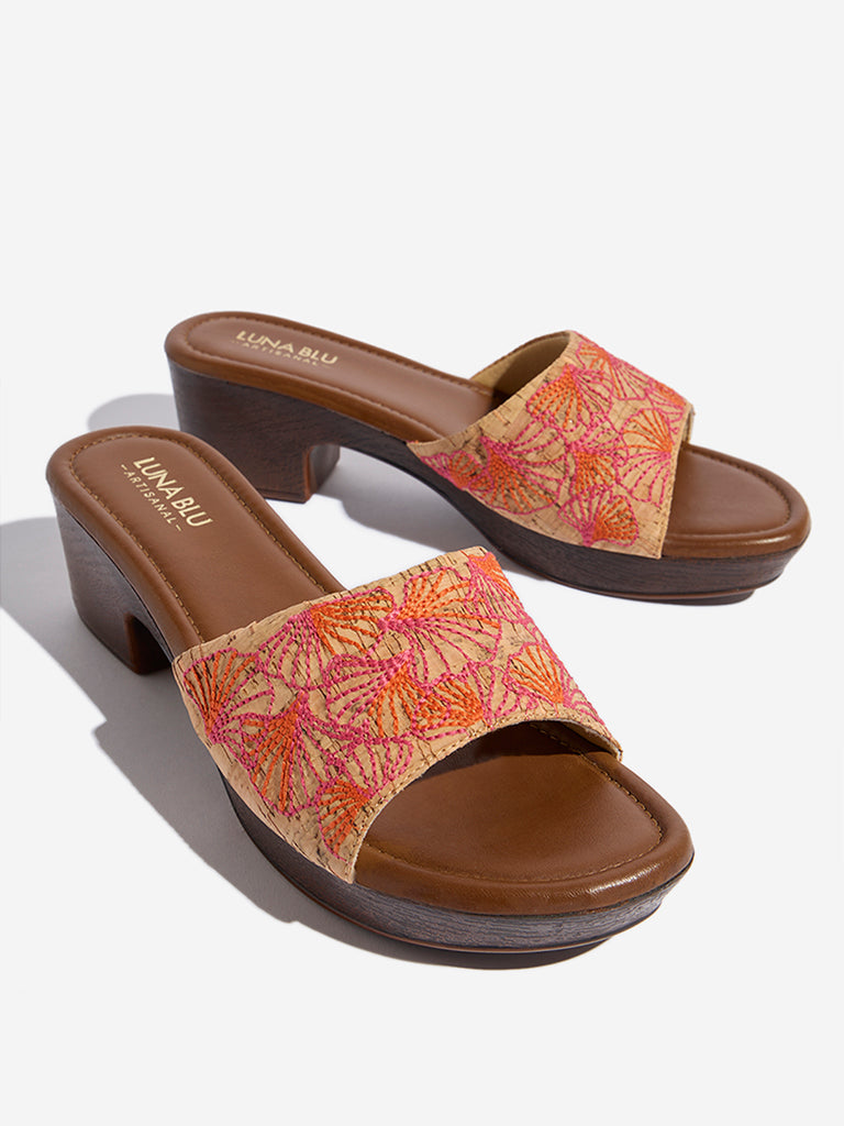 Luna Blu Tan Floral Embroidered Sandals