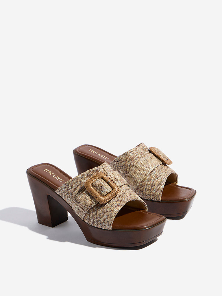 LUNA BLU Taupe Raffia-Textured Heel Sandals