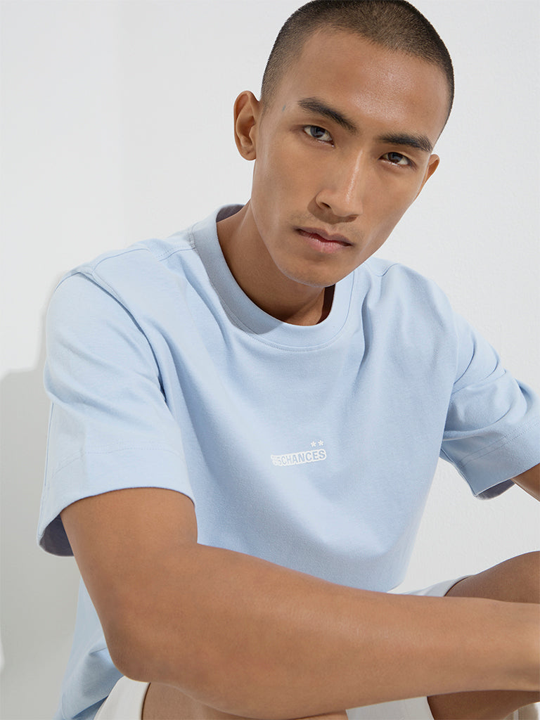 Studiofit Light Blue Text Design Relaxed-Fit Cotton T-Shirt