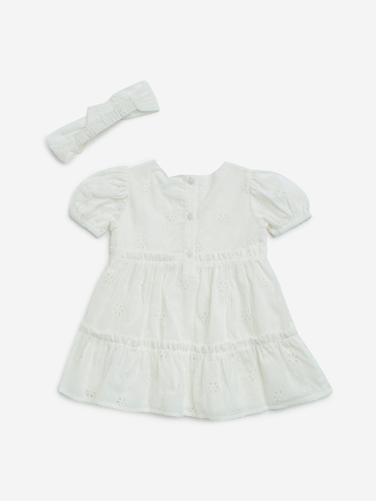 HOP Baby White Schiffli Cotton Tiered Dress with Headband