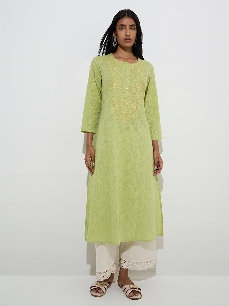 Utsa Green Jacquard-Design Cotton A-Line Kurta