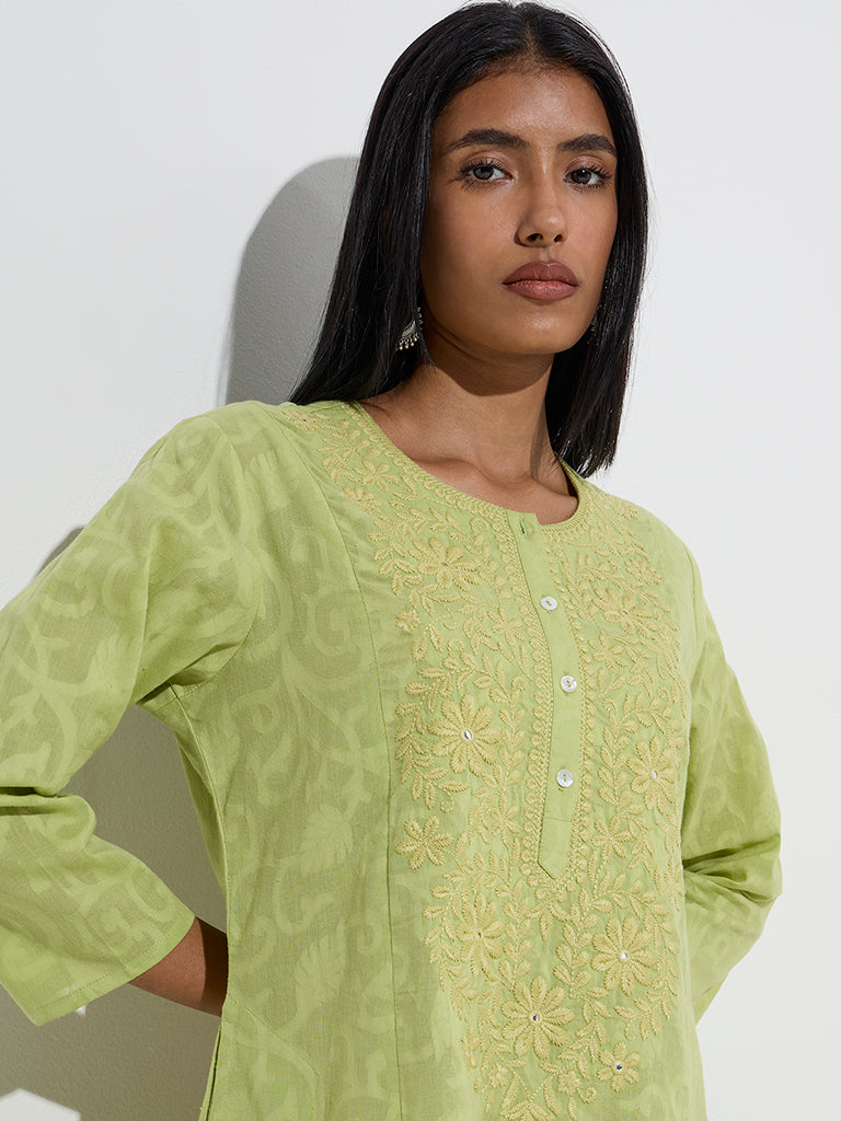 Utsa Green Jacquard-Design Cotton A-Line Kurta