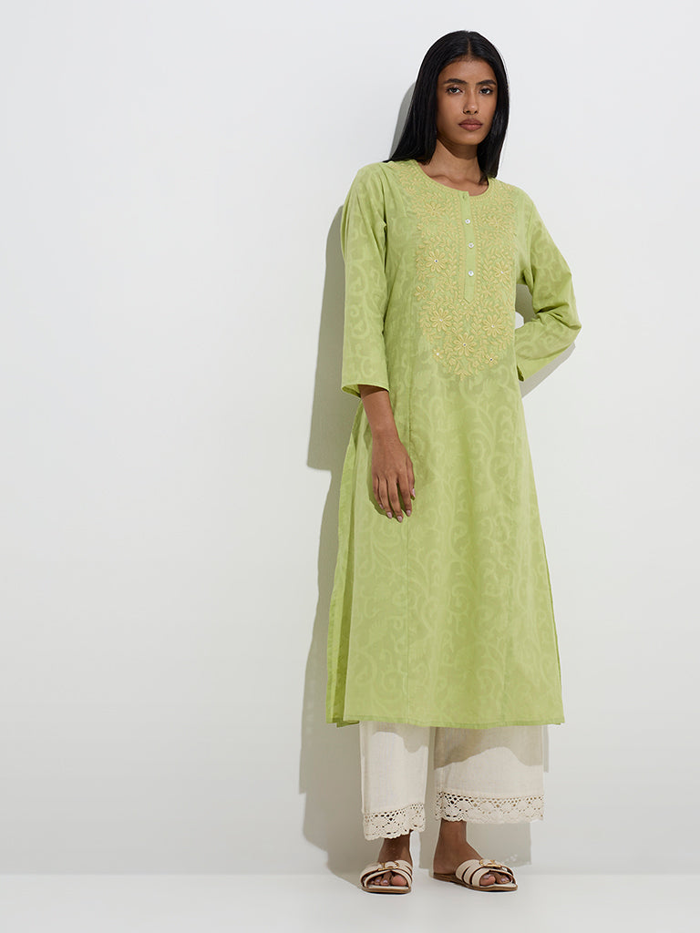 Utsa Green Jacquard-Design Cotton A-Line Kurta