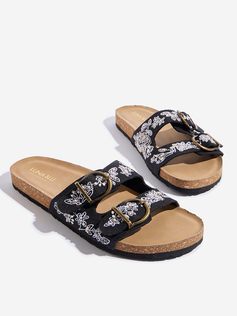 LUNA BLU Black Floral Embroidered Slip-On Sandals