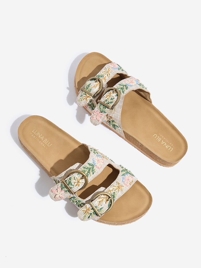 LUNA BLU Beige Floral Embroidered Sandals
