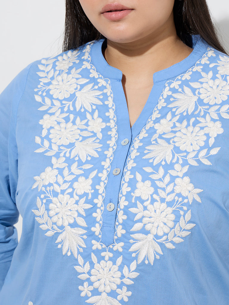 Diza Blue Lakhnavi Floral Embroidered A-Line Cotton Kurta