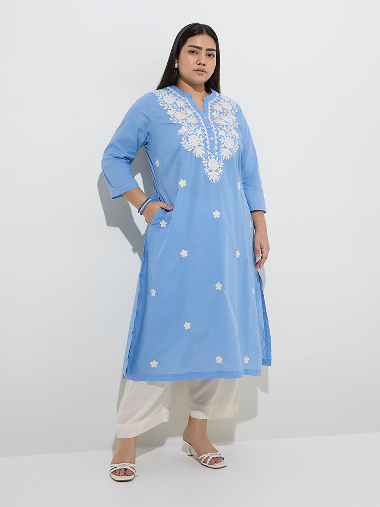 Diza Blue Lakhnavi Floral Embroidered A-Line Cotton Kurta