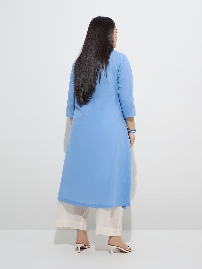Diza Blue Lakhnavi Floral Embroidered A-Line Cotton Kurta