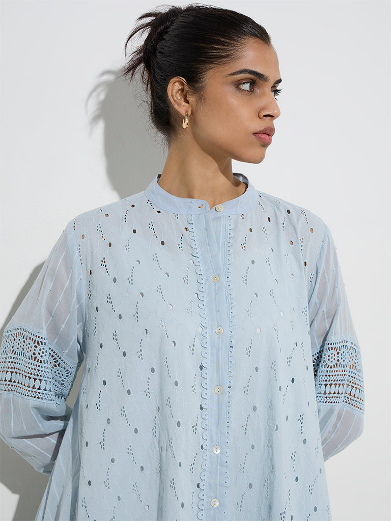 Zuba Dusty Blue Floral Schiffli Detail Cotton A-Line Kurta