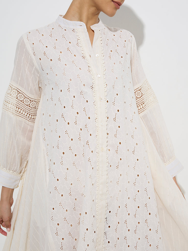 Zuba Off-White Floral Schiffli Design A-Line Cotton Kurta