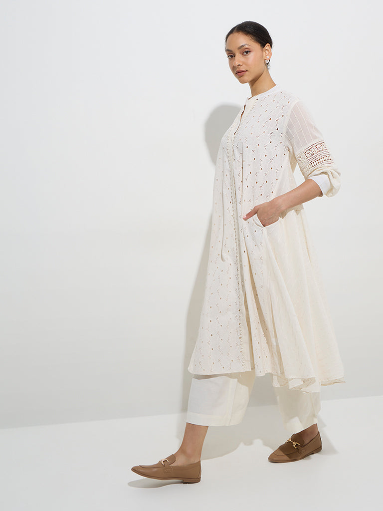 Zuba Off-White Floral Schiffli Design A-Line Cotton Kurta