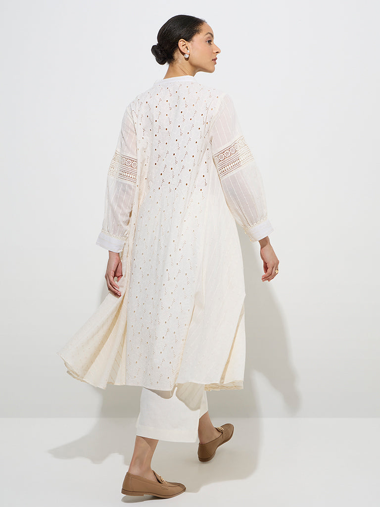 Zuba Off-White Floral Schiffli Design A-Line Cotton Kurta