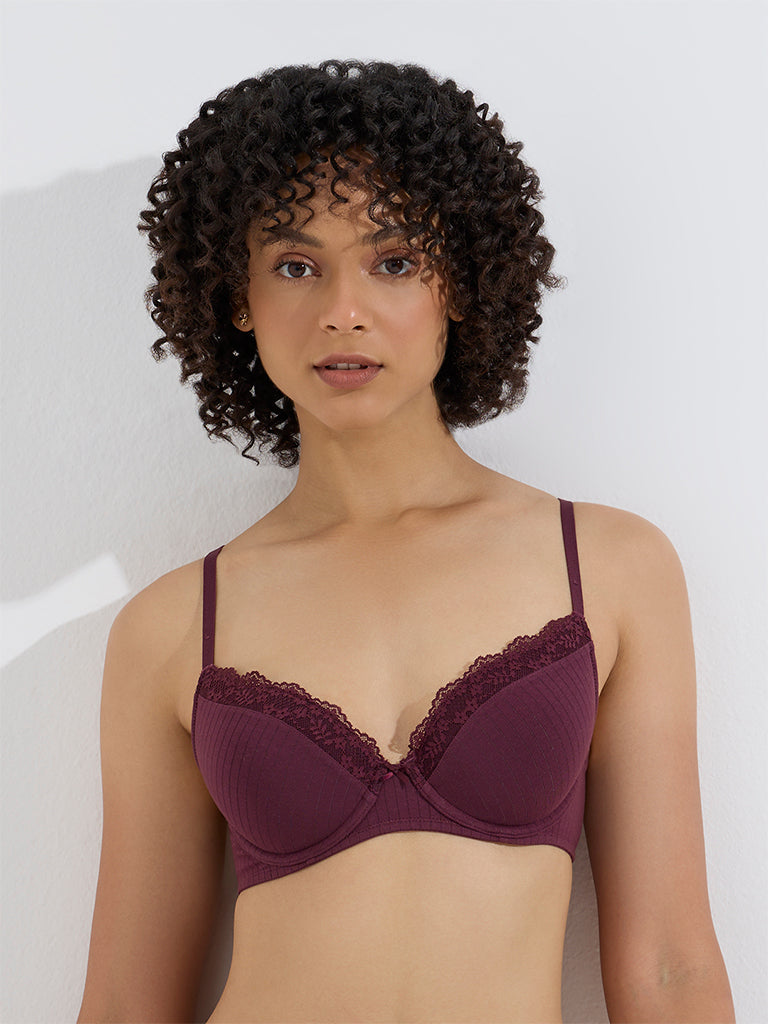 Wunderlove Wine Ribbed-Textured Underwired Cotton-Blend Bra