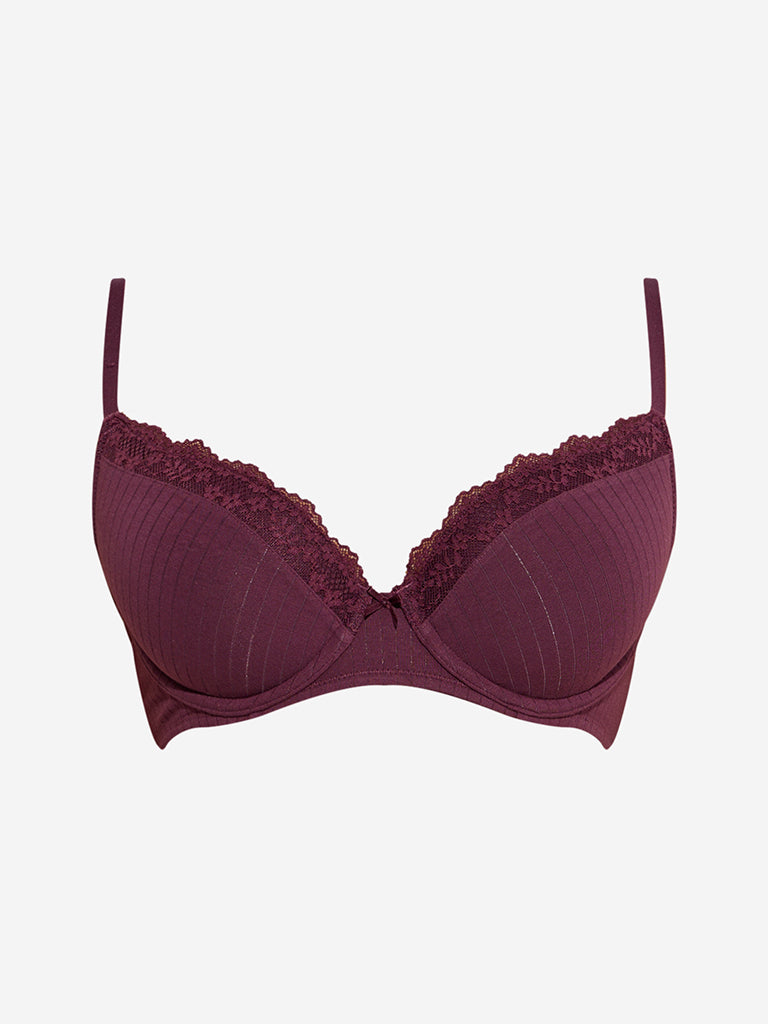 Wunderlove Wine Ribbed-Textured Underwired Cotton-Blend Bra