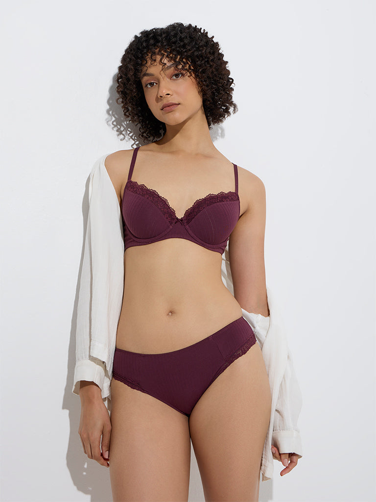 Wunderlove Wine Ribbed-Textured Cotton-Blend Briefs
