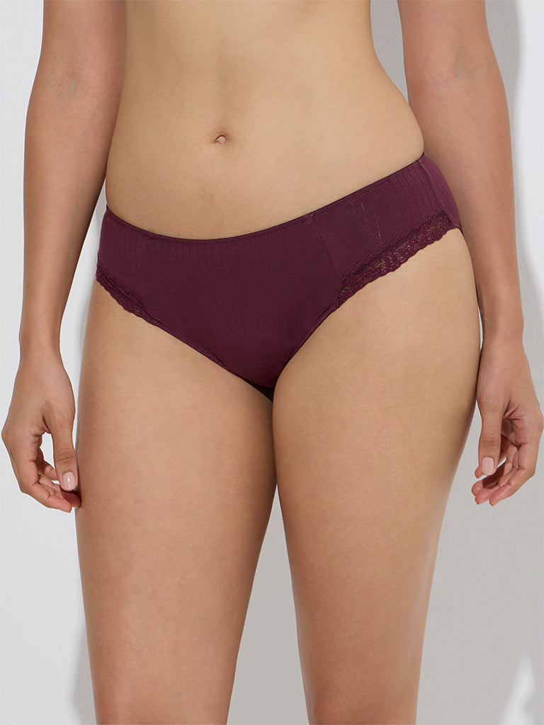 Wunderlove Wine Ribbed-Textured Cotton-Blend Briefs