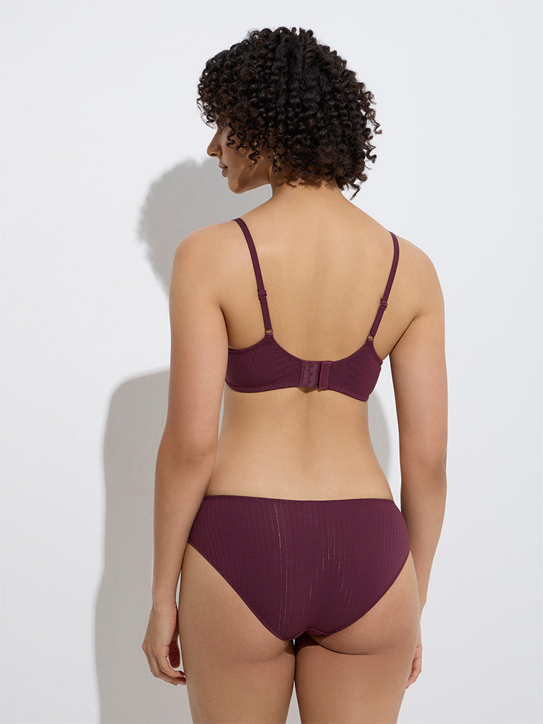 Wunderlove Wine Ribbed-Textured Cotton-Blend Briefs
