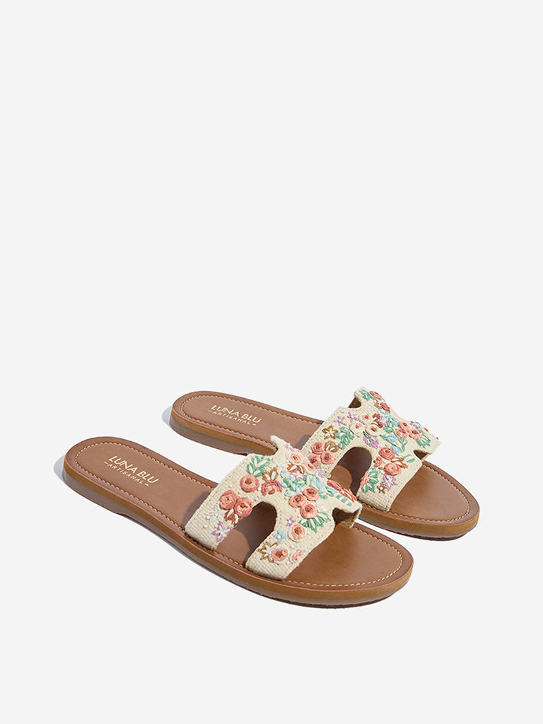 LUNA BLU Ivory Floral Embroidered Artisanal Slides