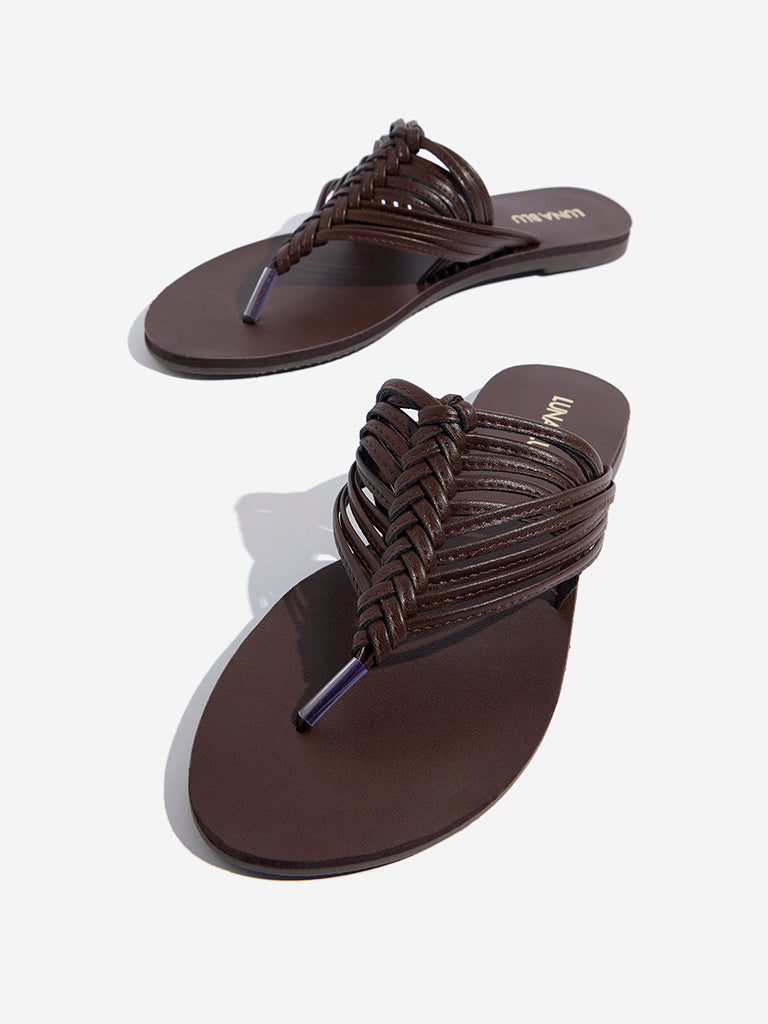 LUNA BLU Dark Brown Woven Thong-Strap Sandals
