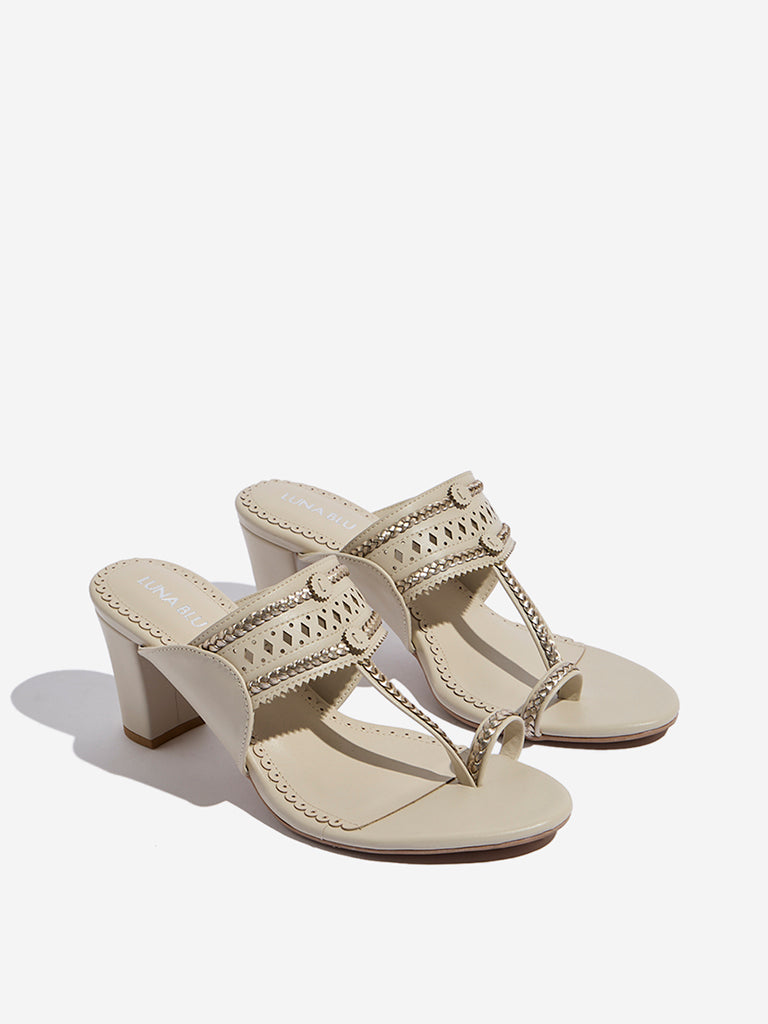 LUNA BLU Ivory Kolhapuri Block-Heel Sandals
