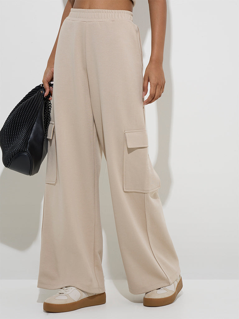 LOV Beige Cargo-Style High-Rise Cotton-Blend Pants