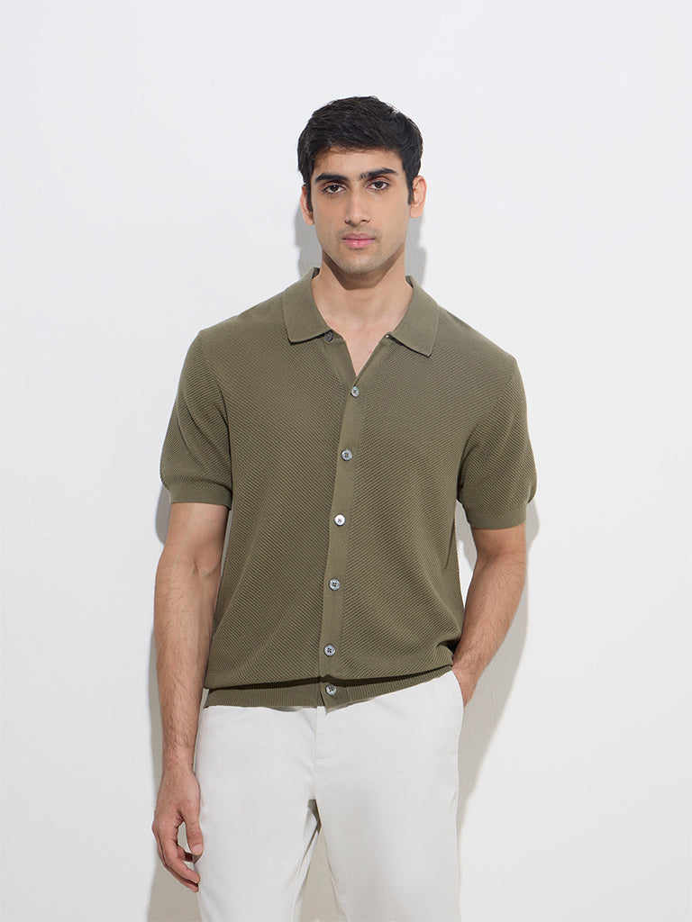 Ascot Olive Knit-Textured Relaxed-Fit Cotton-Blend Shirt