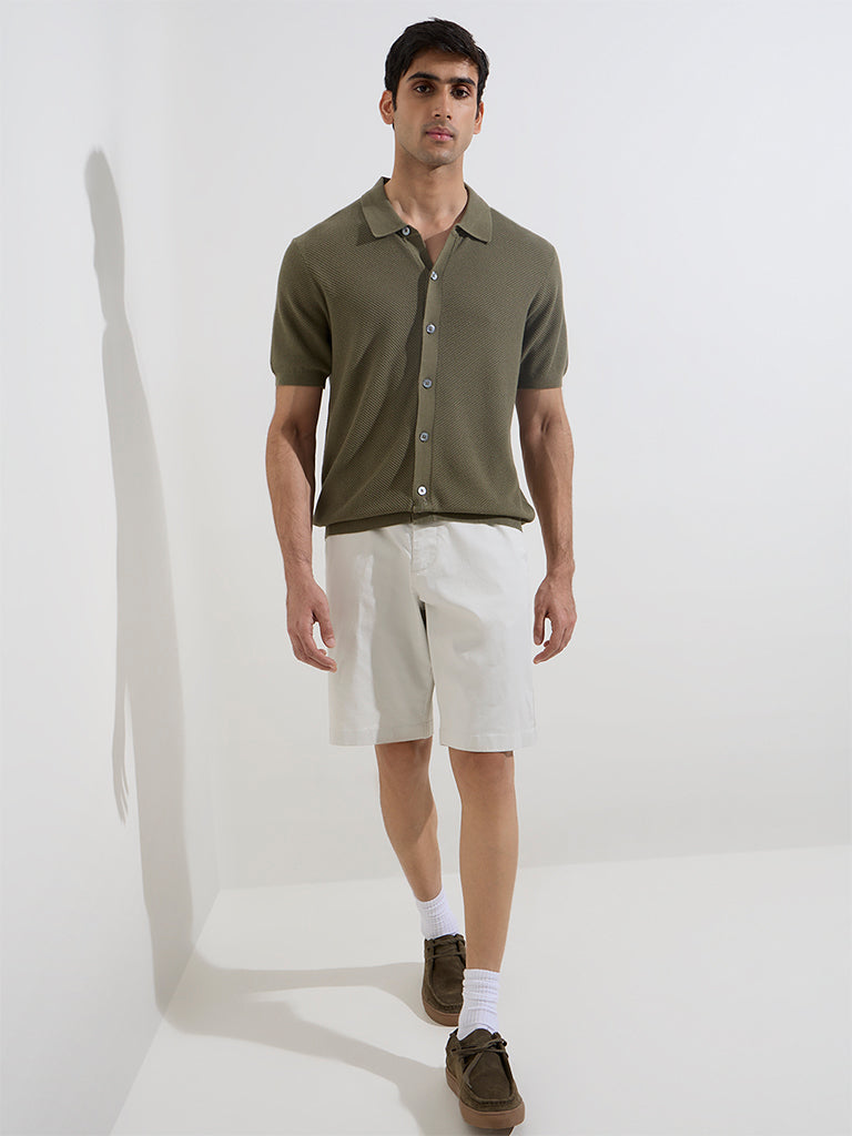 Ascot Olive Knit-Textured Relaxed-Fit Cotton-Blend Shirt