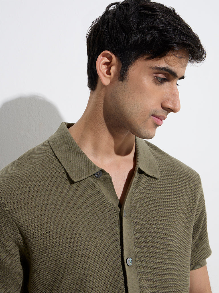 Ascot Olive Knit-Textured Relaxed-Fit Cotton-Blend Shirt