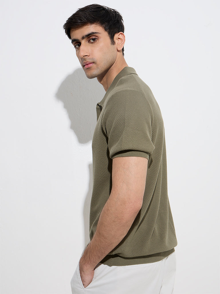 Ascot Olive Knit-Textured Relaxed-Fit Cotton-Blend Shirt