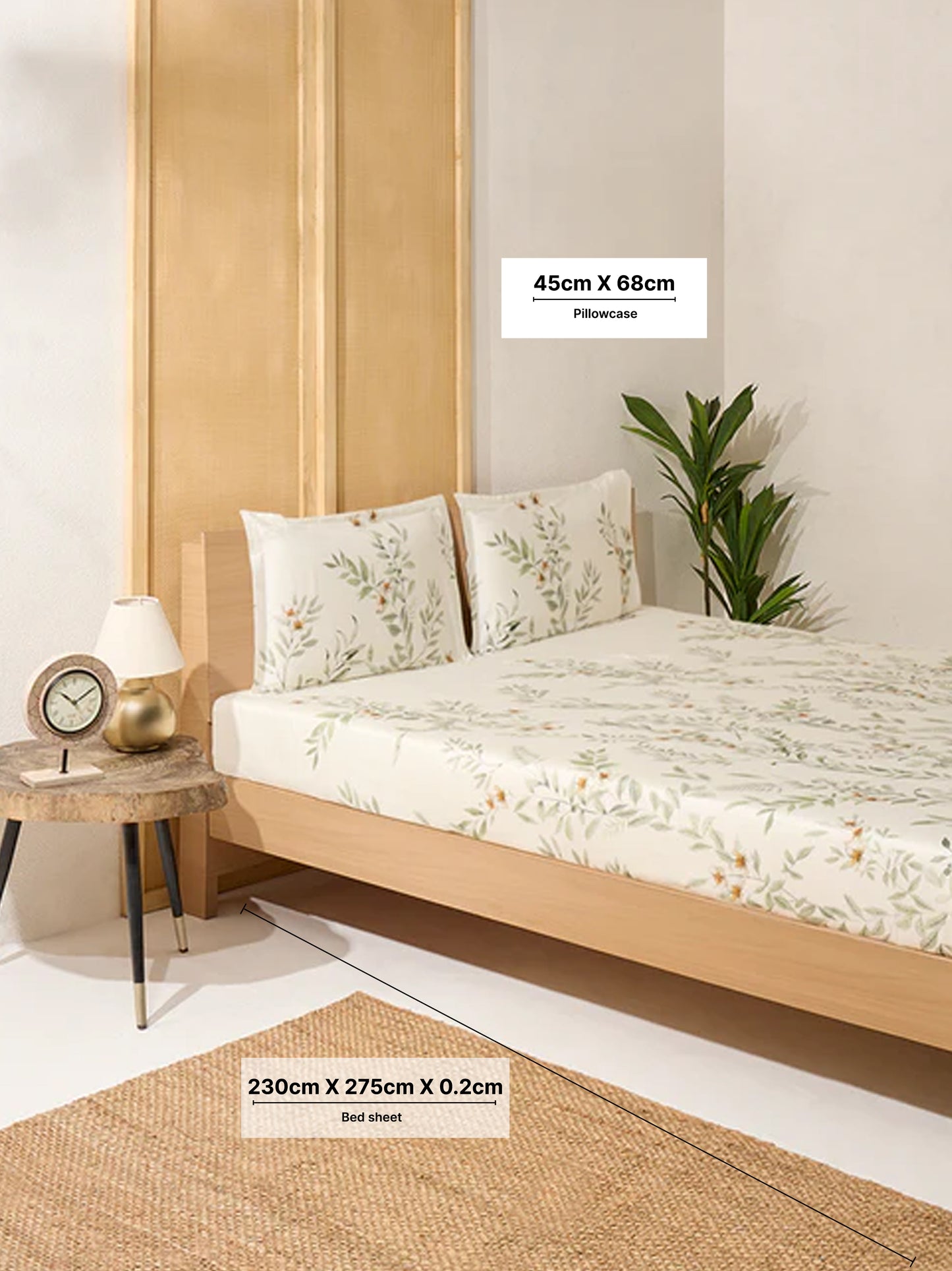 Westside Home Green Foliage Design Queen Bed Flat Sheet and Pillowcase Set