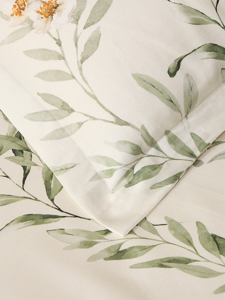 Westside Home Green Foliage Design Queen Bed Flat Sheet and Pillowcase Set