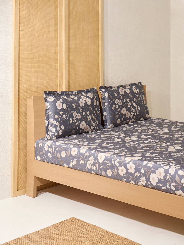 Westside Home Dusty Blue Botanical Design King Bed Flat Sheet and Pillowcase Set