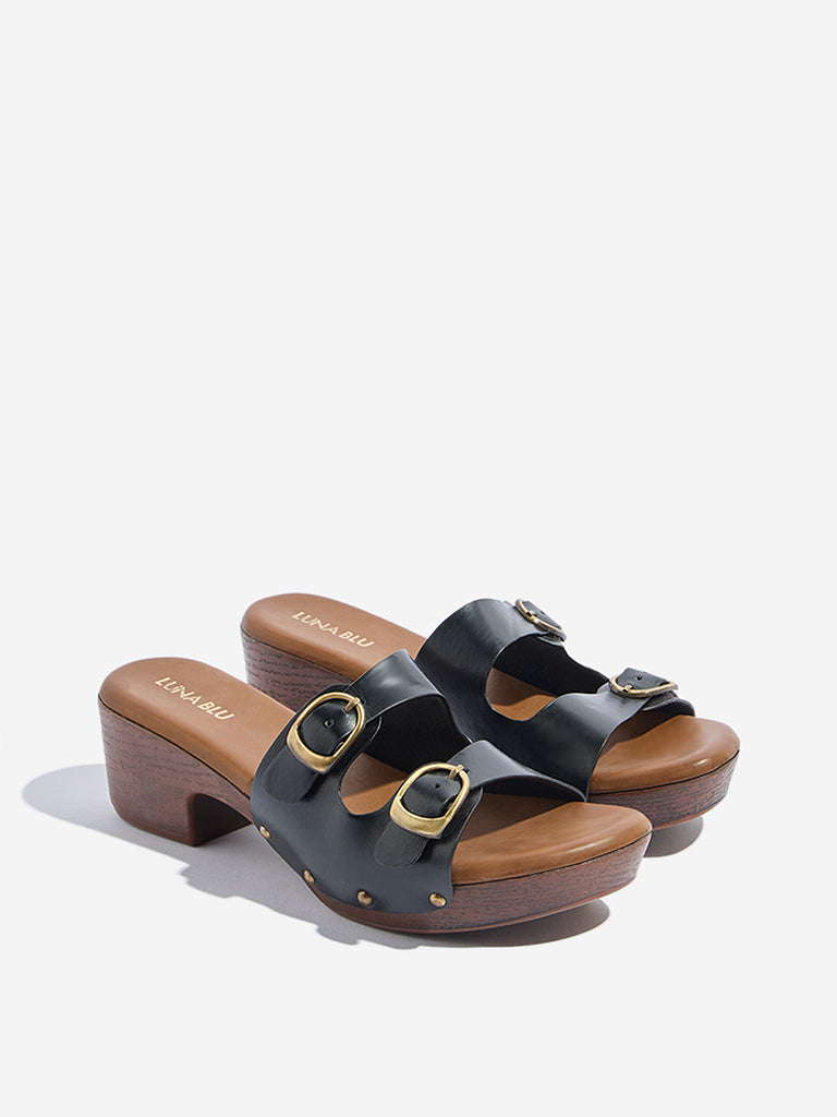 Westside LUNA BLU Women's Black Dual-Buckle Strap Block Sandals Front View