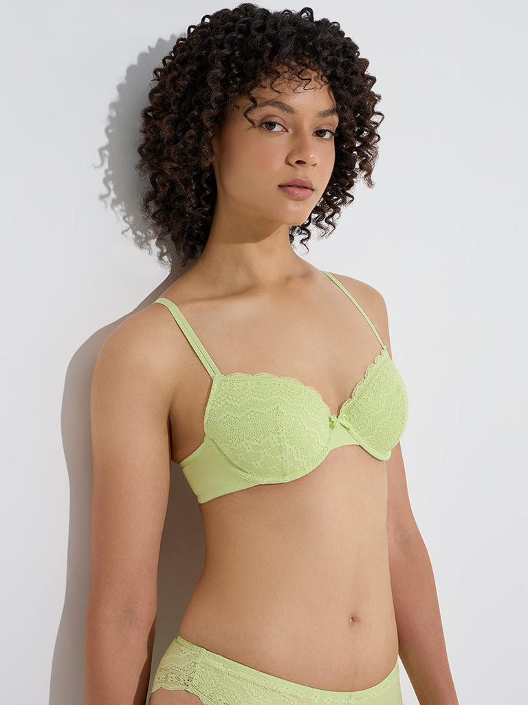Wunderlove Lime Lace Detailed Under-Wired Cotton-Blend Bra